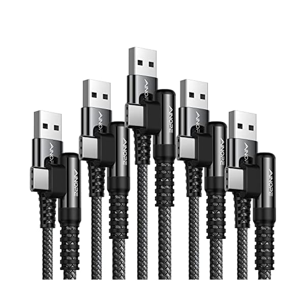 AINOPE USB Type C Cable 5-Pack [10/6.6/6.6/3.3/1.6ft] 3.1A C Type Charging Cable Right Angle, Nylon Braided USB C Cable Compatible with Galaxy S22 S20 Plus, Note 20, LG V20, Type C Charger Black