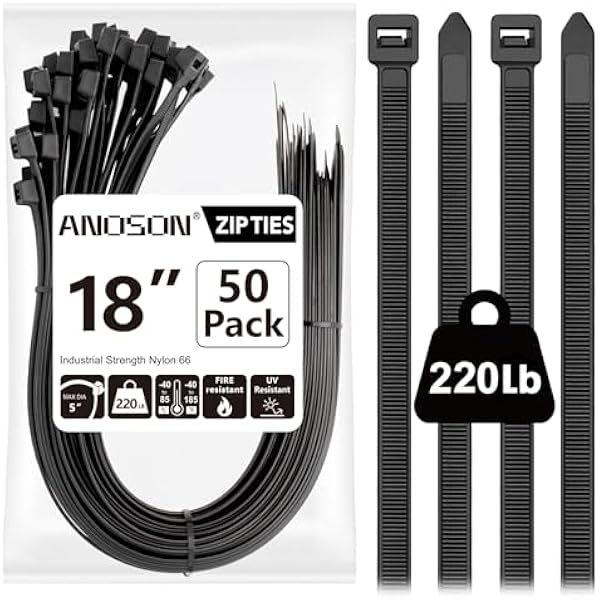 Large Zip Ties 18 inch, 50 Pack, Long Zip Ties Heavy Duty with 220 lb Tensile Strength, Big Cable Ties, Black, ANOSON