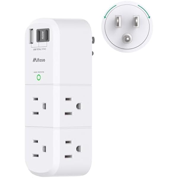 PD30W USB Outlet Extender Surge Protector - with Rotating Plug, 6 AC Multi Plug and 3 USB Ports (2 C), 3-Sided Swivel Power Strip Spaced Splitter for Home, Office, Travel