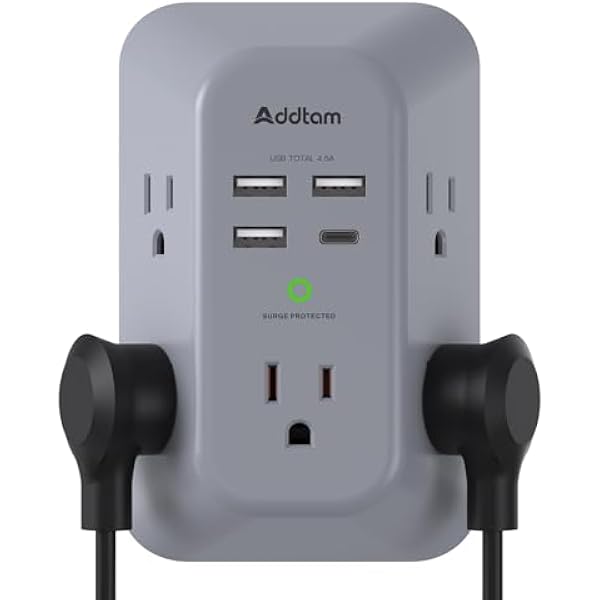 Addtam Surge Protector Outlet Extender, Multi Plug Wall Outlet with 4 USB Ports(1 USB-C), 3-Sided 1800J Power Strip Plug Extension Outlet Splitter, Gray