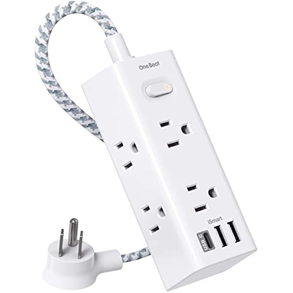 One Beat Short Extension Cord 1Ft, Flat Plug Power Strip Surge Protector - 6 Widely Outlets with 3 USB Ports (1 USB C), Wall Mount Small Power Strip for Travel, Home Office College Dorm Essentials