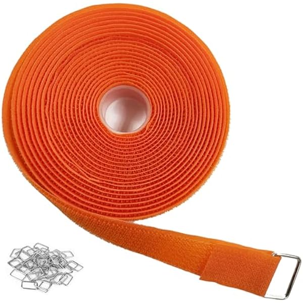 1"x16ft Hook and Loop Straps with 25 Metal Buckles, Adjustable Fastening Cable Straps, Cut-to-Length Cinch Strap, Reusable Nylon Securing Cord Ties for Organizer or Storage, 1 inch Wide,Orange