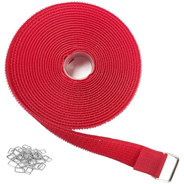 1"x16ft Hook and Loop Straps with 25 Metal Buckles, Adjustable Fastening Cable Straps, Cut-to-Length Cinch Strap, Reusable Nylon Securing Cord Ties for Organizer or Storage, 1 inch Wide,Red
