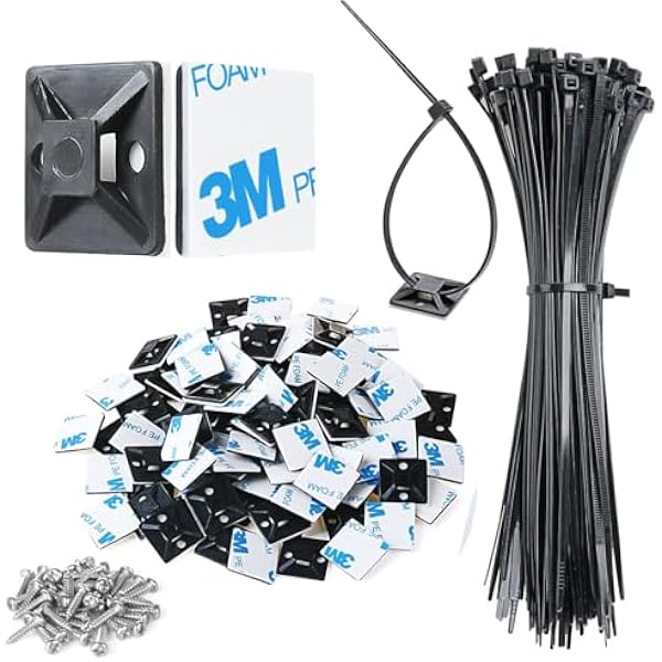 200pcs 3/4" Back-Glue Self Adhesive Black Strong Cable Zip Tie Mounts with 8" Ties, Screws, UV Protection Outdoor Sticky Wire Fasteners Cable Clips Management Anchors Organizer Holders Squares