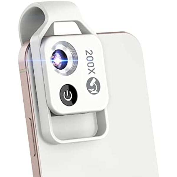 200X Phone Mini Pocket Microscope with LED Light/Universal Clip, Nano Zoom Portable Digital Microscope Camera Attachments for 99% Smartphone, Microworld for Kids Adults (White 200X with CPL)