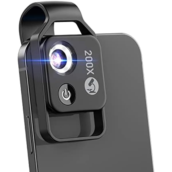 200X Phone Mini Pocket Microscope with LED Light/Universal Clip, Portable Digital Microscope Camera Attachments for 99% Smartphone, Microworld for Kids Adults (Black, 200X Without CPL)