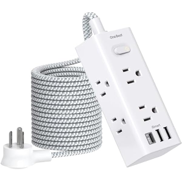 One Beat 20 Ft Extension Cord, Power Strip Surge Protector with 6 Widely Outlets 3 USB Ports (1 USB C), 3-Side Outlet Extender, Wall Mount Flat Plug Power Strip for Travel Home Office College Dorm