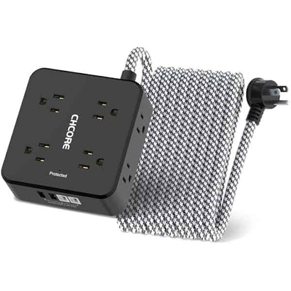 Surge Protector Power Strip - CHCORE 20Ft Braided Extension Cord with 8 Outlets with 4 USB (2 USB C) Charging Ports, Flat Plug Multi Plug Outlet Extender Charging Station for Home Office, ETL, Black