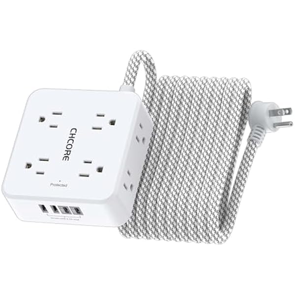 Surge Protector Power Strip - CHCORE 20Ft Braided Extension Cord with 8 Outlets with 4 USB (2 USB C) Charging Ports, Flat Plug Multi Plug Outlet Extender Charging Station for Home Office, ETL, White