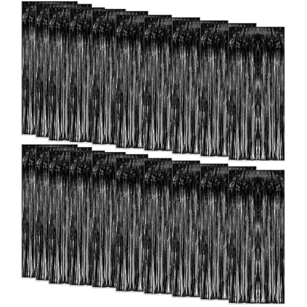 20 Pack Foil Curtain Backdrop Black Metallic Tinsel Foil Fringe Curtains Photo Booth Props for Birthday Wedding Engagement Baby Shower Bachelorette Christmas Holiday Celebration Party Decorations