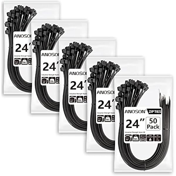 Large Zip Ties Heavy Duty Outdoor 24 inch (250 Pack), Heavy Duty Zip Ties 250 lbs, Black, by ANOSON