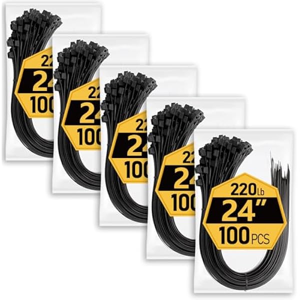 Large Zip Ties Heavy Duty 24 inch (500 Pack), 220 lb Tensile Strength for Outdoor Use, Black Cable Ties, Long Wire Ties by ANOSON