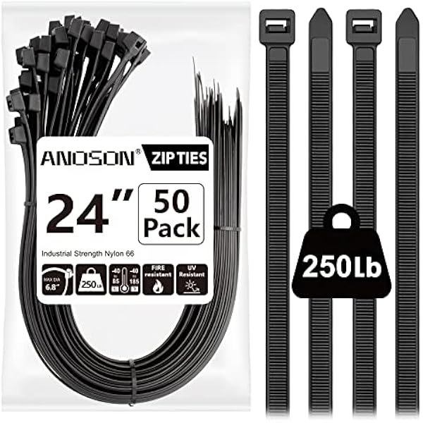 Large Zip Ties Heavy Duty Outdoor 24 inch (50 Pack), Heavy Duty Zip Ties 250 lbs, Black, by ANOSON