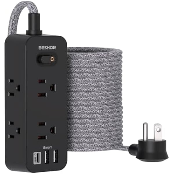 Extension Cord 25FT, BESHON Power Strip Surge Protector, 6 Outlets with 3 USB Ports(1 USB C Outlet), 3-Side Outlet Extender, Wall Mount, Compact for Travel, Home, College Dorm Room, and Office, Black