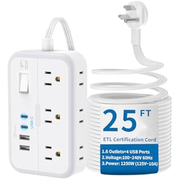 Flat Extension Cord 25 ft, NTONPOWER Surge Protector Power Strip with 6 Outlets 4 USB Ports(2 USB C),Flat Plug, Multiple Outlets, Mounted, Outlet Extender, Overload Protection for Indoor, Home, Office