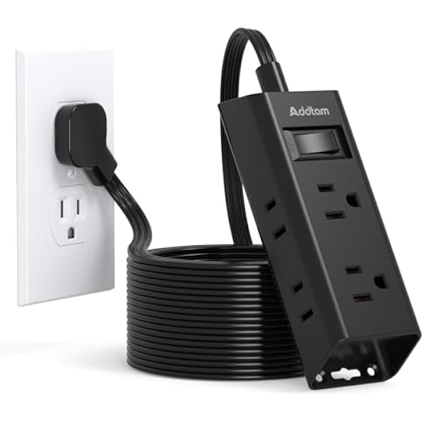 Flat Extension Cord 25 ft, Addtam Flat Plug Power Strip with 6 Outlets Extender, Long Extension Cord with Multiple Outlets, Wall Mount for Home Dorm Room Essentials, Black