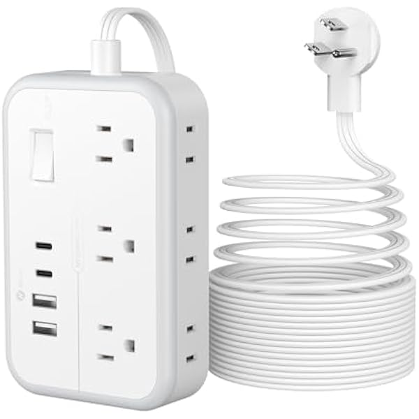 Flat Plug Extension Cord 25 ft, Surge Protector Power Strip, Outlet Extender with 6 Outlets 4 USB Ports, Overload Protection, Long Extension Cord with Multiple Outlets for Indoor, Home, Office, White
