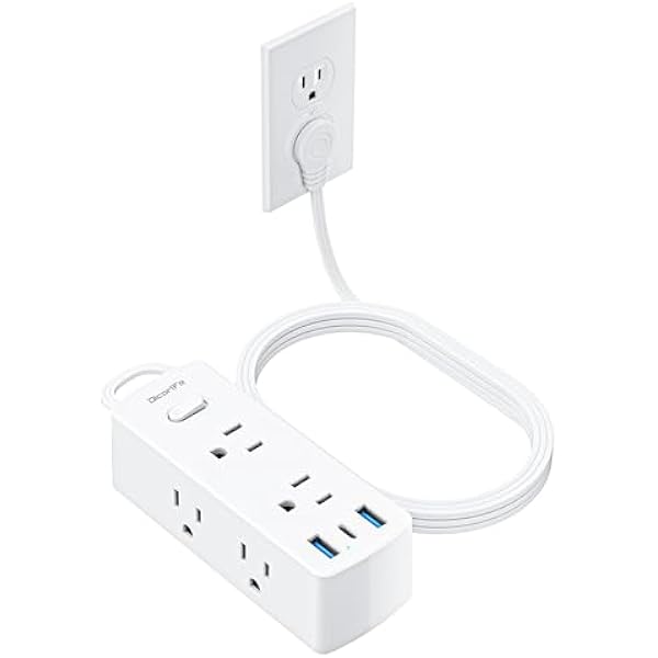 Flat Extension Cord 25ft, Olcorife Flat Plug Power Strip with 6 Outlets 3 USB Ports(1 USB C), 3-Side Outlet Extender Surge Protector for Home Office Dorm Room Essentials, White