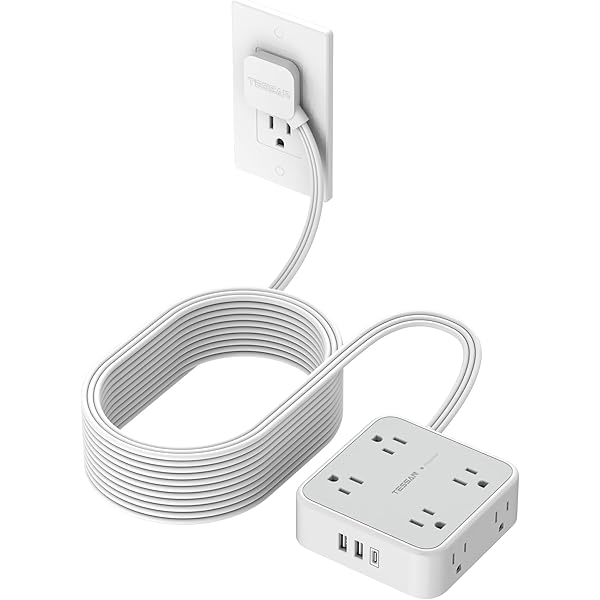 Flat Plug Long Extension Cord 25 Ft, TESSAN Power Strip Surge Protector with 8 Outlets 3 USB Ports (1 USB C), 900J Protection Desktop Charging Station for Home, Office, Dorm Room Essentials