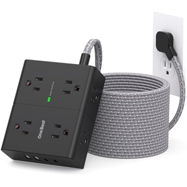 Surge Protector Power Strip 25 Ft Cord, Ultra Thin Flat Extension Cord with 8 Outlets 4 USB Ports(2 USB C), Flat Plug Power Strip, 25 Ft Long Braided Power Cord for College Dorm Room Essentials-BK
