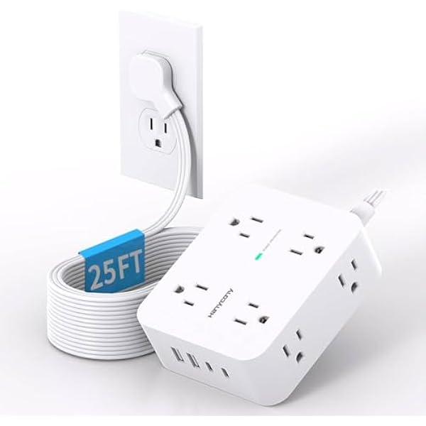 Extension Cord 25 Ft, Power Strip with 4 USB Ports(2 USB C), HANYCONY 1080J Surge Protection, 8 Outlets Extender Desk Charging Station for Home Office Dorm Room Essentials
