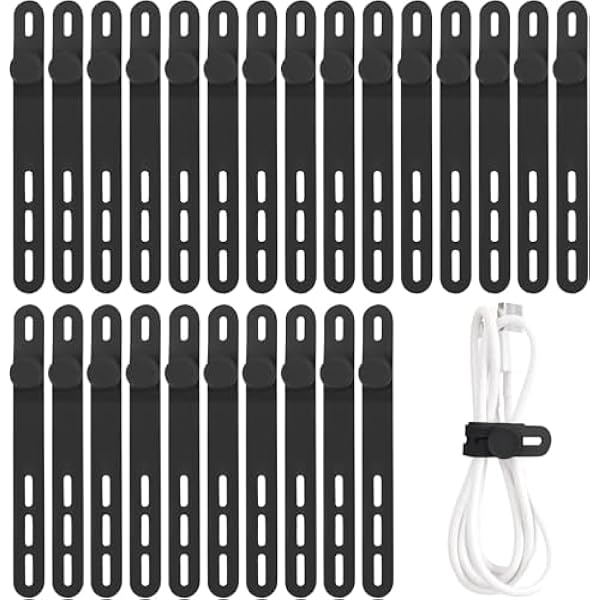 Oligei 25 Pcs Silicone Cable Ties, Cable Ties Reusable, High Elasticity Cord Wraps for Electrical Cords, Cord Organizer for Earphone, Phone Charger(Black)