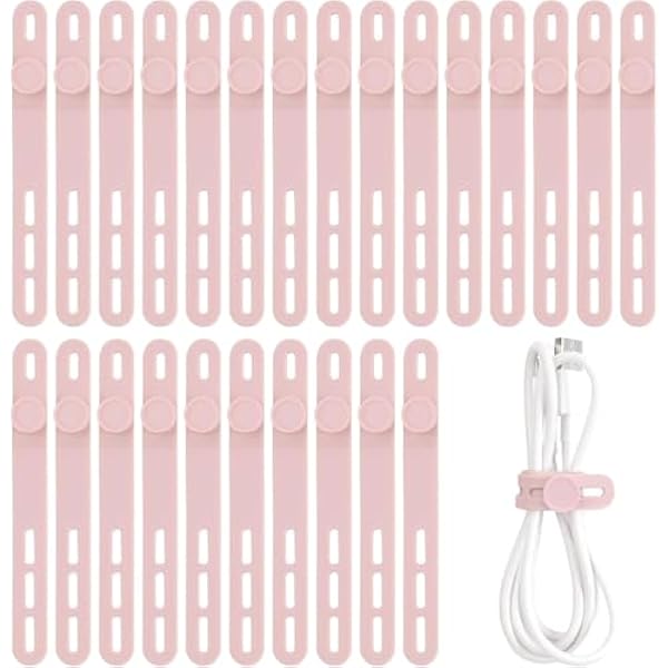 Oligei 25 Pcs Silicone Cable Ties, Cable Ties Reusable, High Elasticity Cord Wraps for Electrical Cords, Cord Organizer for Earphone, Phone Charger(Pink)