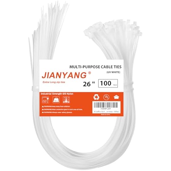 26 Inch White Long Zip Ties,60 LBS Tensile Strength Heavy Duty Large Cable Wire Ties With Self-Locking Adjustable More Durable Nylon Tie Wraps for Indoor Outdoor（100 Pack）