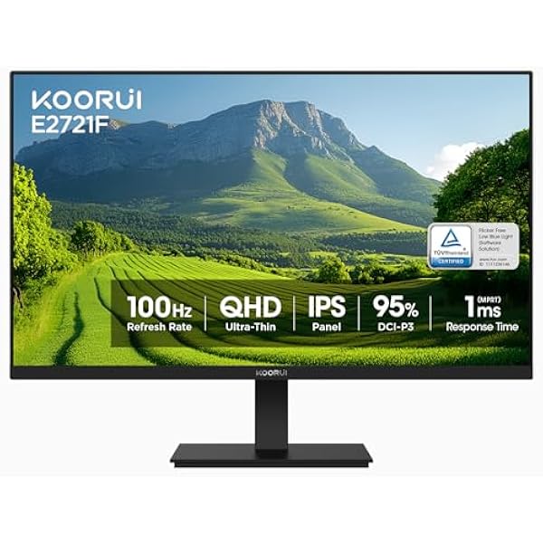 KOORUI 27 Inch QHD (2560x1440) IPS Ultra-Thin Computer Gaming Monitor, 100Hz Refresh Rate, DCI-P3 95%, FreeSync & G-Sync, 1ms MPRT, VESA 100x100mm, Tilt Adjustable for Game and Work