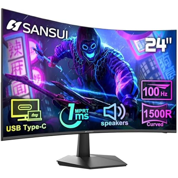 SANSUI Curved Monitor 24 inch 100Hz USB Type-C Computer Monitor with Built-in Speakers- MPRT 1ms,Adaptive Sync,HDR,1500R,VESA 75x75mm Compatible, for Home and Office(ES-24C1)