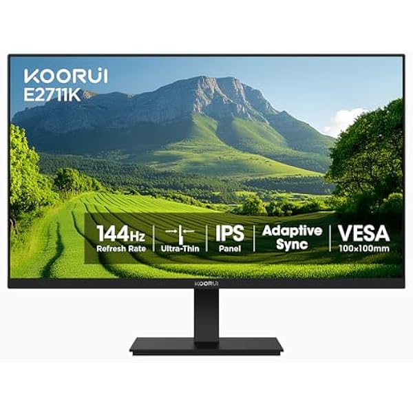 KOORUI Monitor, 27 Inch Gaming Office Monitor, Eye-Care IPS FHD 1080P 144Hz Computer Screen with HDMI VGA, Slim Bezels, Freesync, Ergonomic Tilt, VESA Mountable, Black