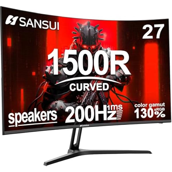 SANSUI 27 Inch Curved Gaming Monitor 200Hz 1ms with Speakers FHD 1080P Computer Monitor FreeSync|1500R|130% sRGB|HDR|Low Blue Light|HDMI DP Ports|VESA Mount|Metal Stand(HDMI Cable Incl.)
