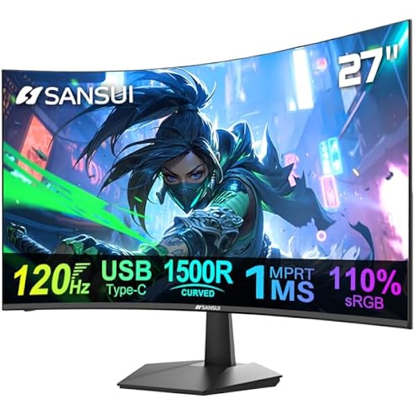 SANSUI Curved Monitor 27 inch 120Hz USB Type-C Computer Monitor with Speakers Built in丨FHD 1080p丨HDR丨110% sRGB丨1500R丨VESA Compatible,for Tablet,Desktop,Laptop and PC Work Gaming