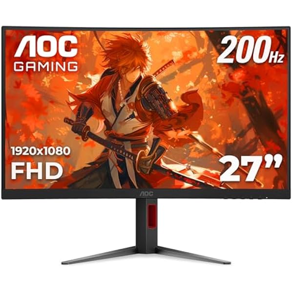 AOC C27G4H2 27" Curved Gaming Monitor, FHD 1920x1080, 1500R, 200Hz Refresh Rate, 0.3ms Response Time, Height Adjustable, Black, Xbox PS5 Switch Compatible