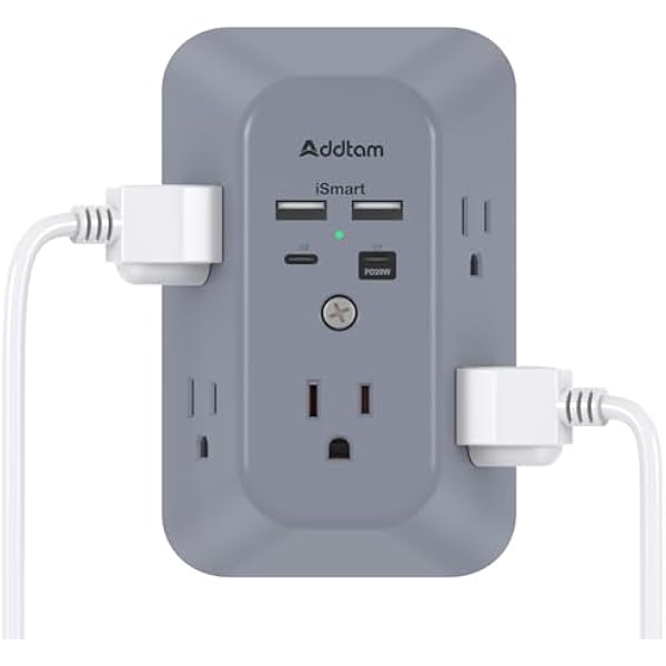Addtam Surge Protector Outlet Extender, Multi Plug Wall Outlet with 4 USB Ports(PD 20W), 3-Sided 1800J Power Strip Plug Extension Outlet Splitter, Gray