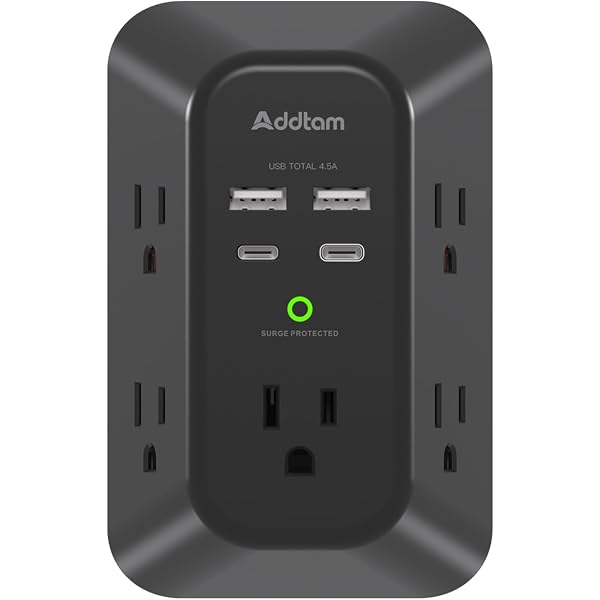 Surge Protector Outlet Extender, Addtam Multi Plug Wall Outlet with 4 USB Ports(2 USB-C), 3-Sided 1800J Power Strip Plug Extension Outlet Splitter, Black