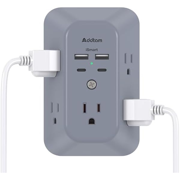 Addtam Surge Protector Outlet Extender, Multi Plug Wall Outlet with 4 USB Ports(2 USB-C), 3-Sided 1800J Power Strip Plug Extension Outlet Splitter, Gray