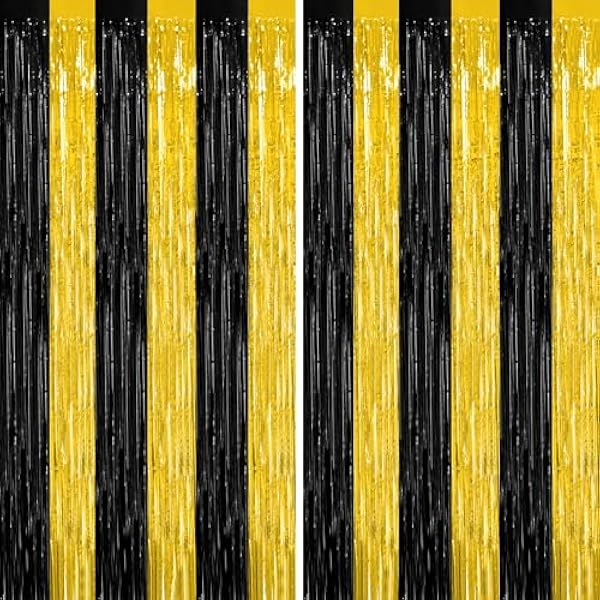 2 Pack Graduation Backdrop, 3.28 FT x 7.05 FT Black and Gold Foil Fringe Curtains, Metallic Foil Curtain Graduation Backdrop, Grad Party Supplies Black and Gold Party Decorations Class of 2025