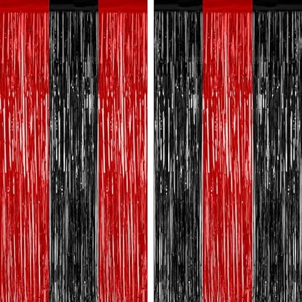 2 Pack Backdrop Curtains, 3.28 FT x 7.05 FT Black and Red Party Decor, Metallic Party Streamer Tinsel Foil Fringe Curtains, Foil Curtains Backdrop Halloween Decorations Party Supplies