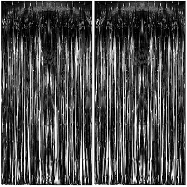 2 Pack Foil Curtain Backdrop Black Metallic Tinsel Foil Fringe Curtains Photo Booth Props for Birthday Wedding Engagement Baby Shower Bachelorette Christmas Holiday Celebration Party Decorations