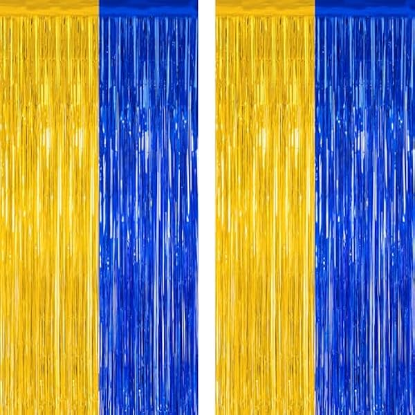 2 Pack Graduation Backdrop, 3.28 FT x 7.05 FT Class of 2025 Decorations, Blue Gold Fringe Curtains Tinsel Backdrop Party Streamer, Metallic Blue and Gold Graduation Decorations 2025
