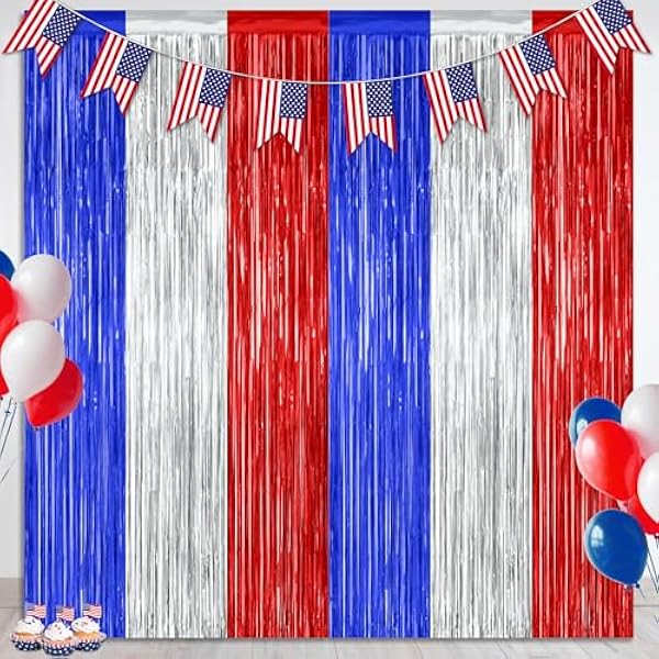 2 Pack 4th of July Party Supplies, 3.28 FT x 7.05 FT 4th of July Tinsel Backdrop, Blue Silver Red Color Fringe Curtains Streamer Backdrop, 4th of July Photo Backdrop Party Decorations