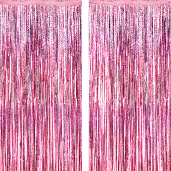 2 Pack Glitter Pink Backdrop, 3.28 FT x 7.05 FT Birthday Party Decorations, Laser Pink Fringe Curtains Foil Streamer Tinsel, Pink Curtains Photo Backdrop Happy Birthday Backdrop