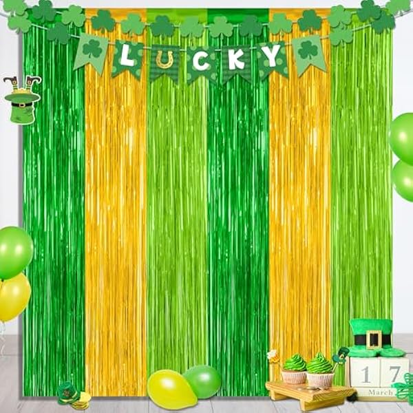 2 Pack St Patrick Party Decorations, 3.28 FT x 7.05 FT Green Gold Light Green Backdrop Curtains, Metallic St.Patrick Fringe Curtains Party Streamer Tinsel Backdrop, St Patrick Party Supplies