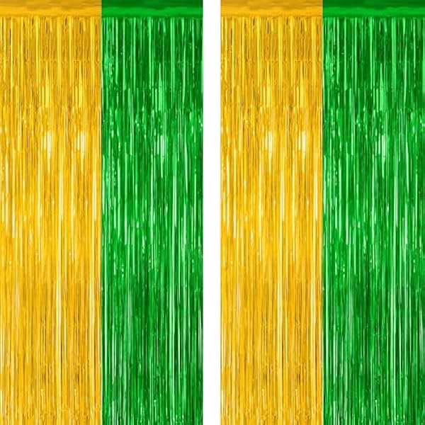 2 Pack Graduation Backdrop, Large Grad Decor 2025, Green Gold Graduation Photo Backdrop Fringe Curtains Party Streamer, Metallic Green and Gold Grad Decorations Class of 2025