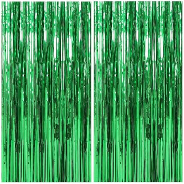 2 Pack Foil Curtain Backdrop Green Metallic Tinsel Foil Fringe Curtains Photo Booth Props for Birthday Wedding Engagement Baby Shower Bachelorette Christmas Holiday Celebration Party Decorations