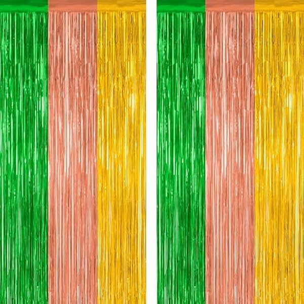 2 Pack Luau Decorations, 3.28 FT x 7.05 FT Summer Party Streamer, Green Brown Yellow Backdrop Tinsel Curtains Fringe Curtains, Metallic Hawaiian Supplies Aloha Party Decor