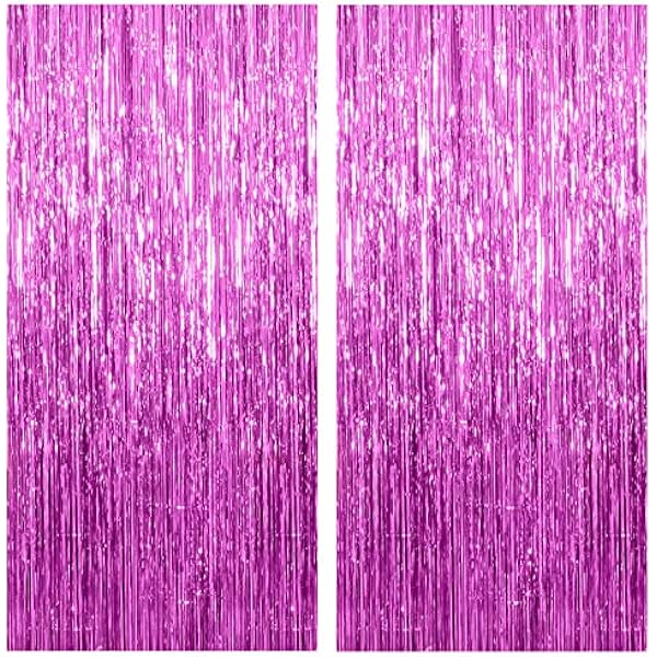 2 Pack Hot Pink Backdrop Curtain Party Streamers Hot Pink Birthday Decorations Foil Fringe Photo Backdrop Party Supplies Fiesta Grad Theme Decorations
