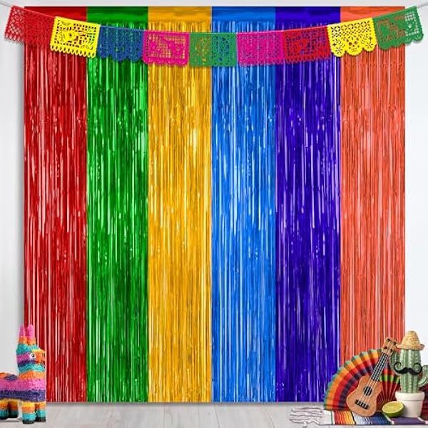 2 Pack Cinco De Mayo Decorations, 3.28 FT x 7.05 FT Fiesta Rainbow Backdrop, Mexican Style Fringe Curtains Tinsel Backdrop Party Streamer, Metallic Taco Party Decorations Mexican Decor