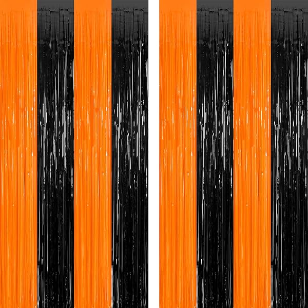 2 Pack Halloween Photo Backdrop, 3.28 FT x 7.05 FT Orange and Black Party Streamer, Metallic Foil Fringe Curtains Tinsel Backdrop, Halloween Birthday Party Decorations Hanging Decor Indoor